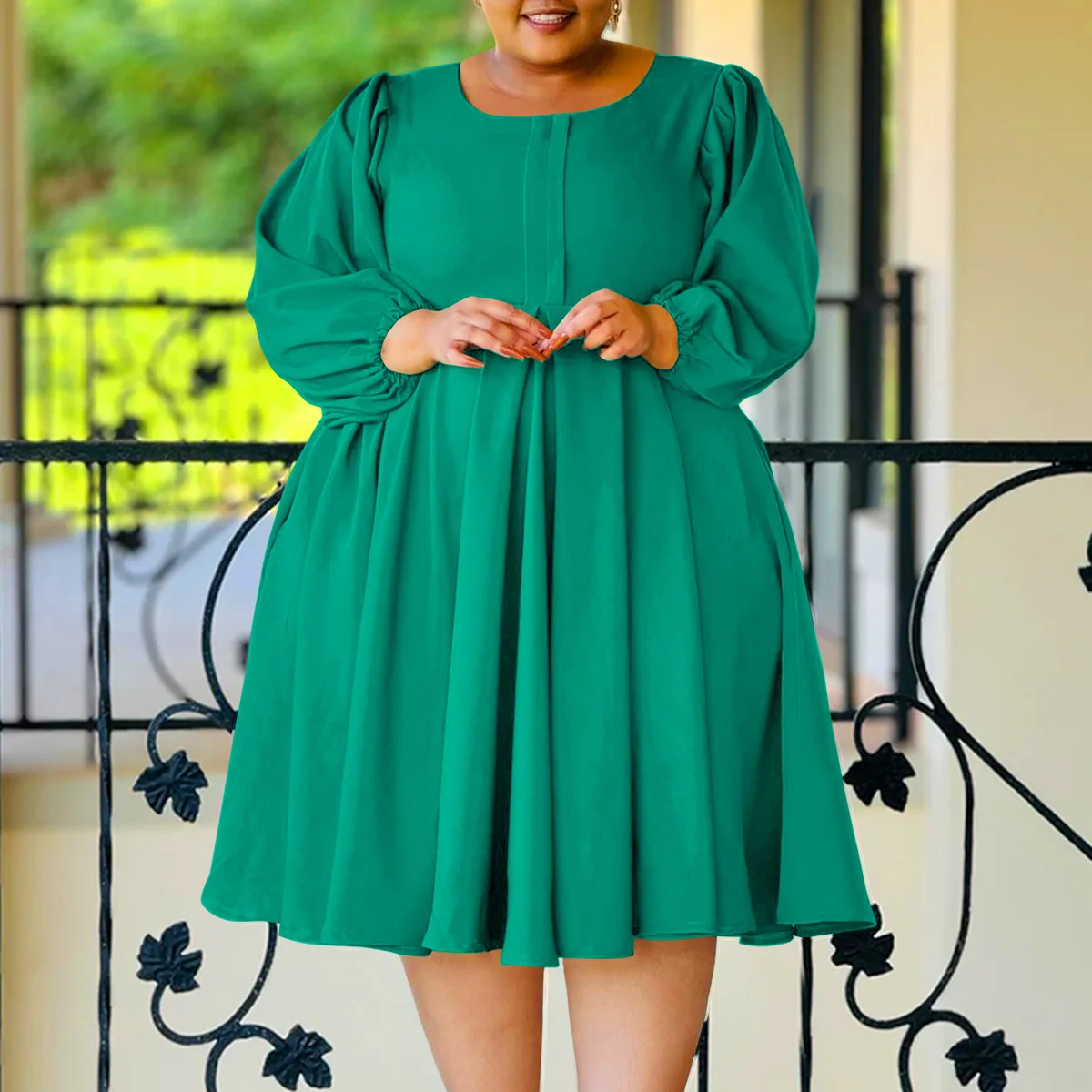 popular plus size women fall winter clothing Fashionable casual solid color big swing  puff sleeve loose dress