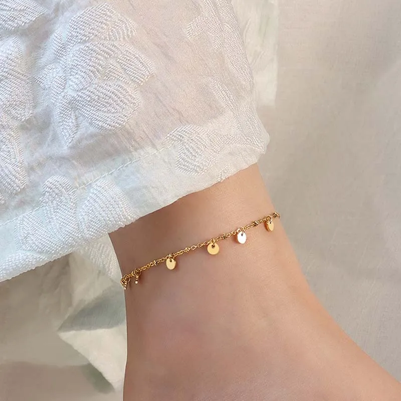 18k Gold Plated Stainless Steel Round Charm Anklets For Women Tarnish Free Foot Beach Jewelry
