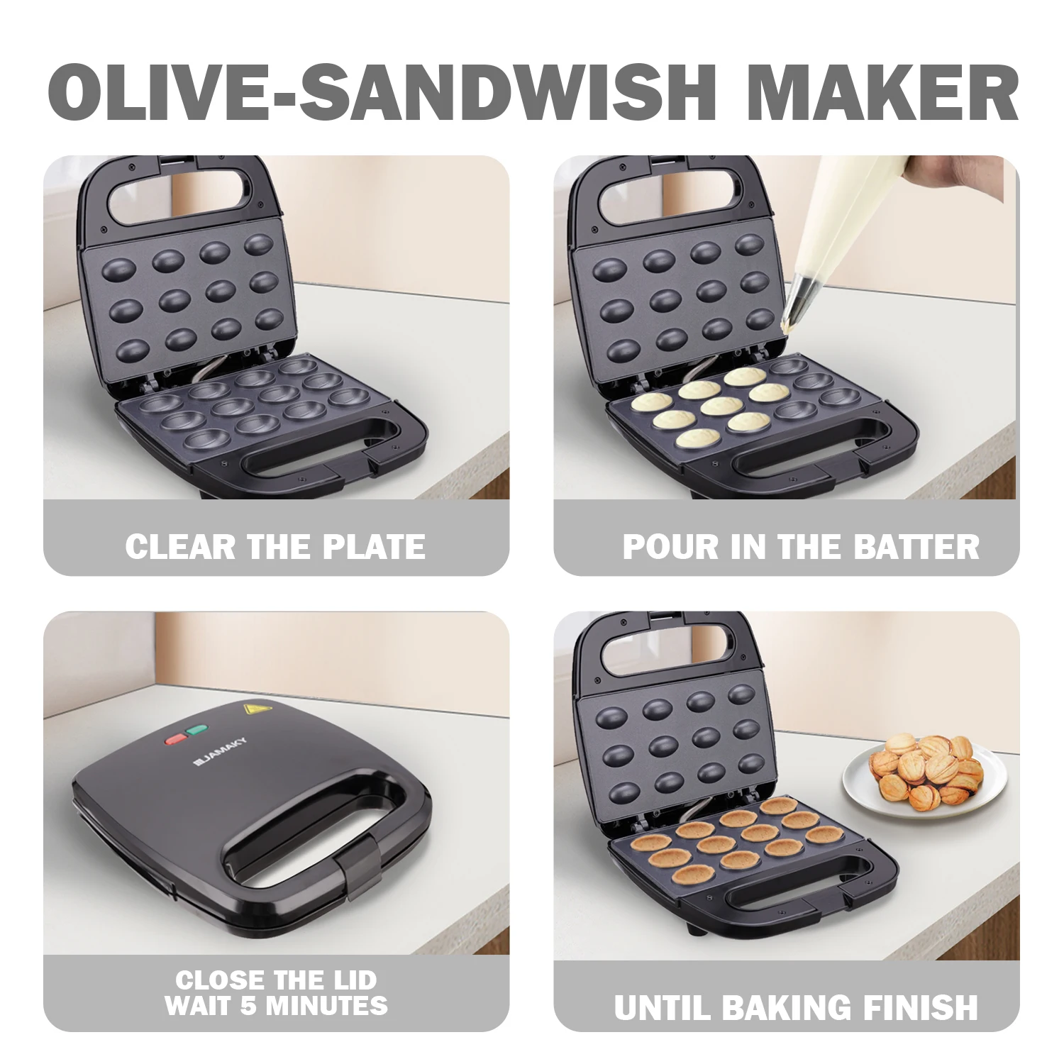 JAMAKY Kitchen Home Use Professional Breakfast Electric Machine with Indicator Light Non-Stick Plate Olive-Sandwich Ma