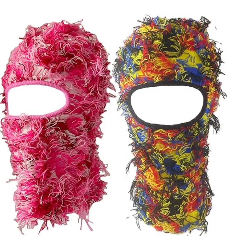 New Full Face Cover One Hole Storm Distressed Balaclava Designer Knit Hat Grassy Beanie Winter Ski Mask