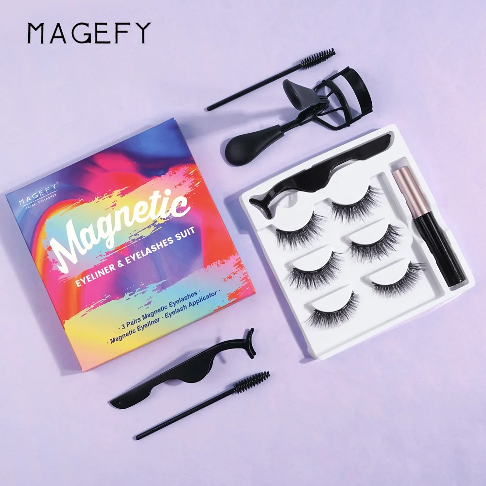 MAANGE 3 pairs magnetic lashes set private label magnetic false eyelashes set with magnetic liquid