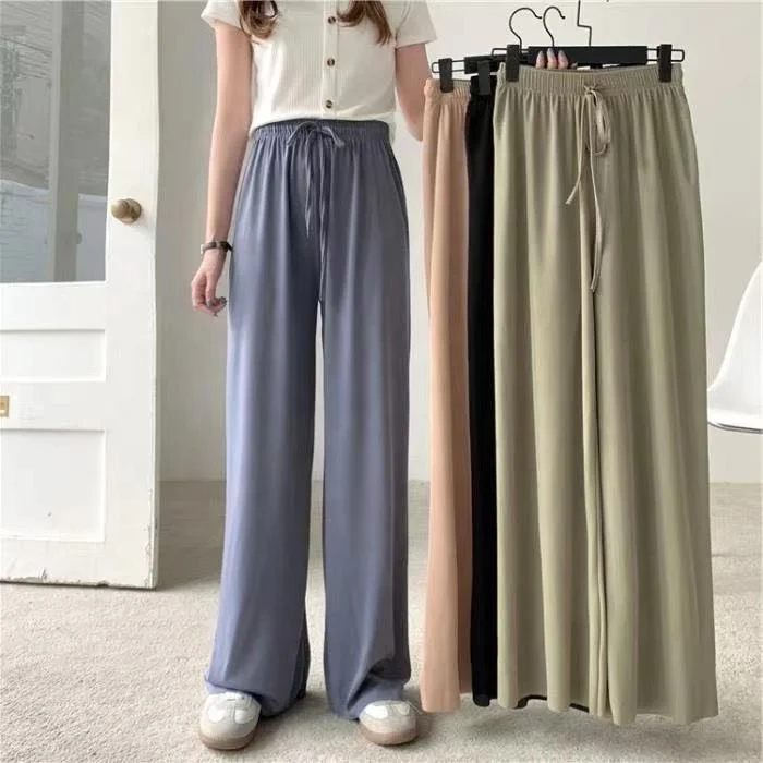 New Silk Wide-leg Pants Women Summer Ladies High Waist Loose Large Size Nine-point Pants Straight Casual Pants