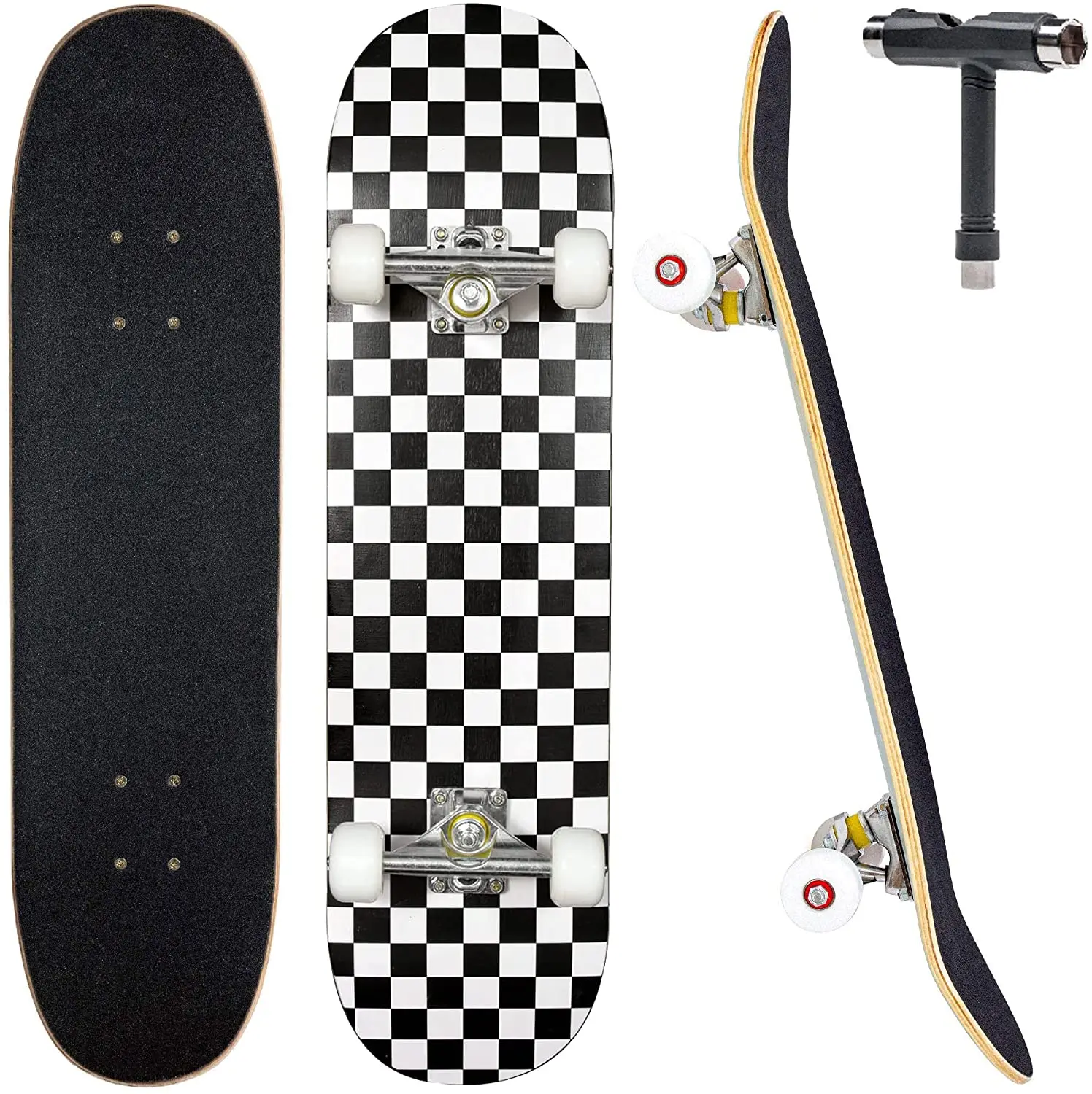 Professional Maple Skateboard 7 Layer Black and White Grid Checkerboard Concave Plate Double Rocker Skate Board for Beginners