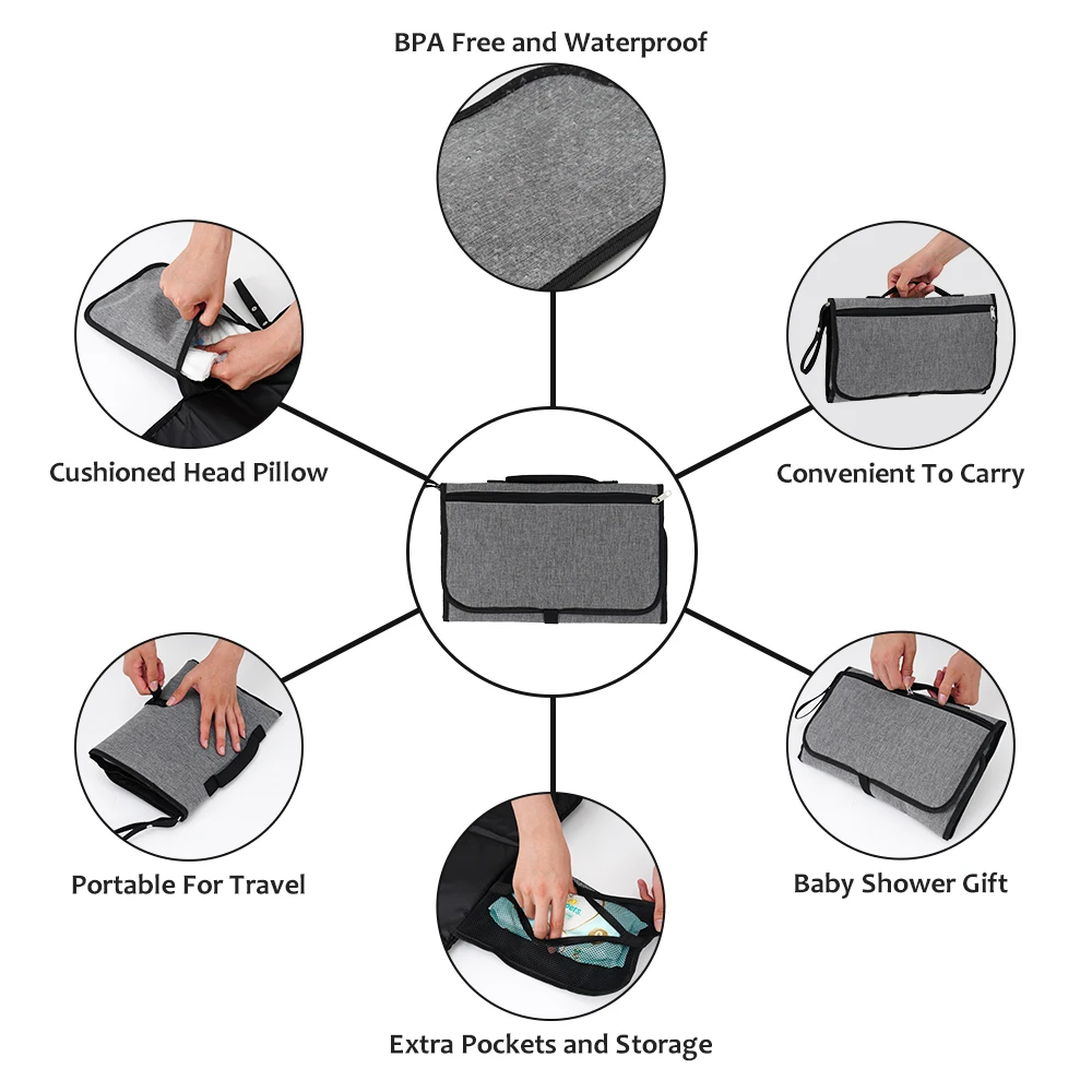 Foldable Changing Station Waterproof Travel Changing Table Pad with Head Pillow and Baby Stuff Pockets