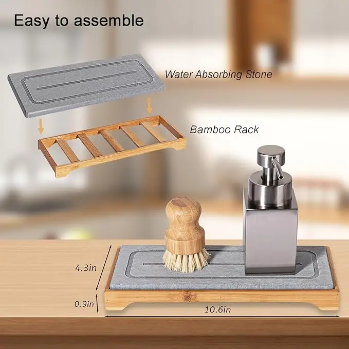 CF SDM39 Bamboo Rack with Diatomaceous Earth Stone Drying Mat Bathroom Countertop Organizer Soap Dish Tray Tool Use