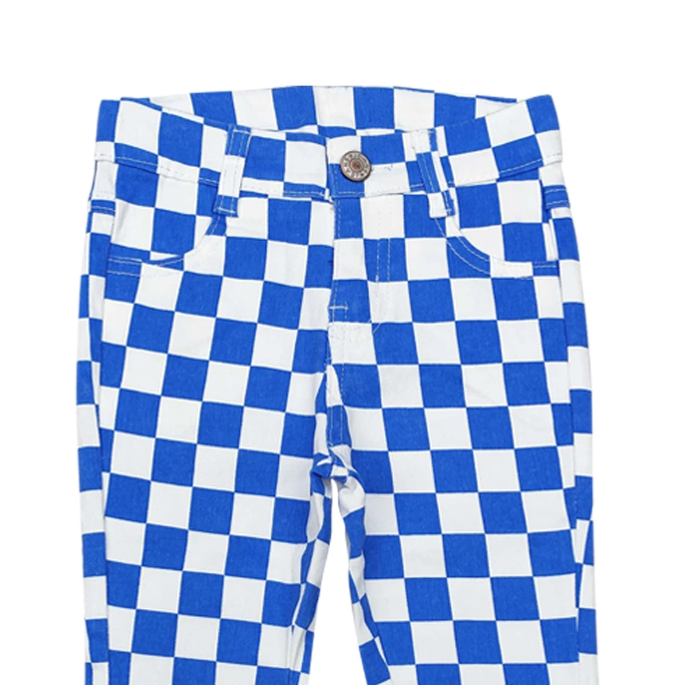 P0610 Girls pants&trousers blue check bell bottom jeans with belt baby girl boutique outfit wholesale In Stock new arrival