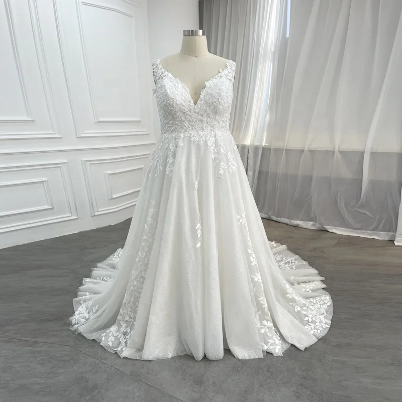 Western Curves Bride Gown A-line Sparkle Appliques Beading Exquisite Custom Made Big Size Wedding Dress