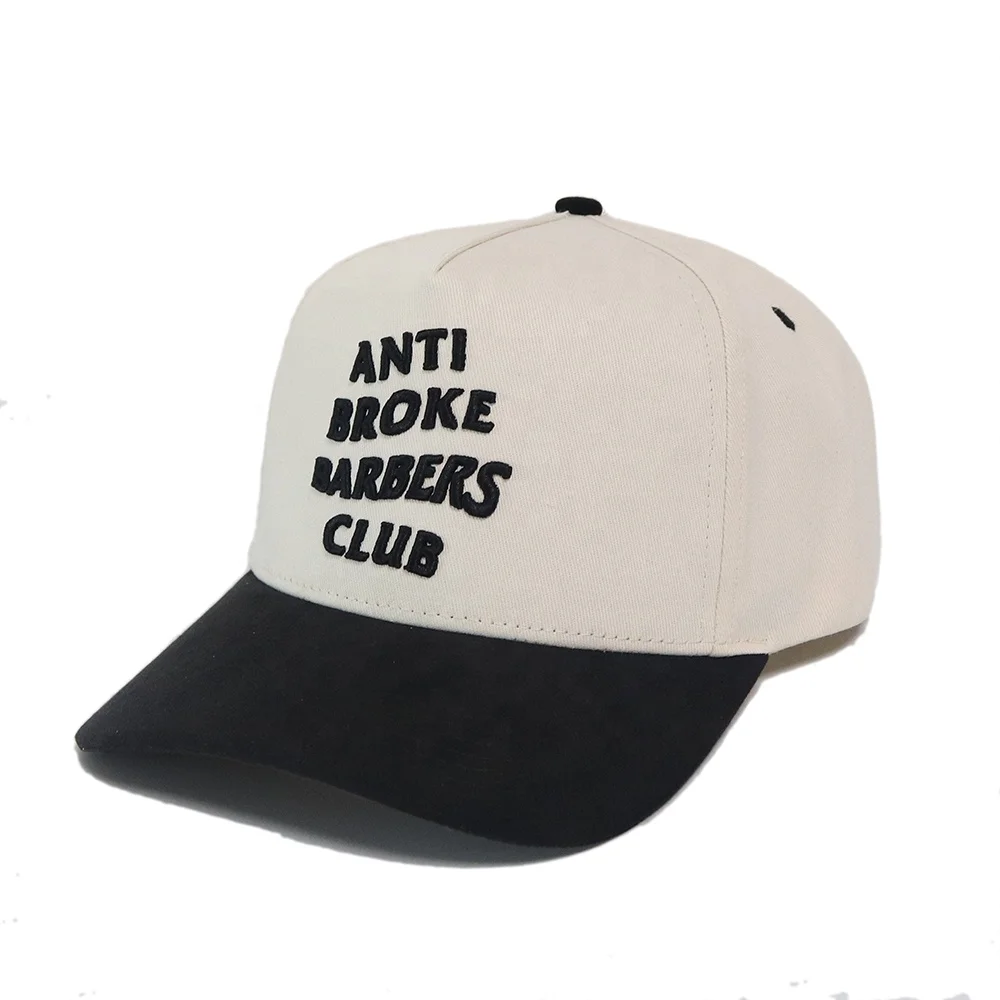 High quality unisex black embroidery 5 Panel baseball cap custom Suede two tone snap strap hats baseball cap