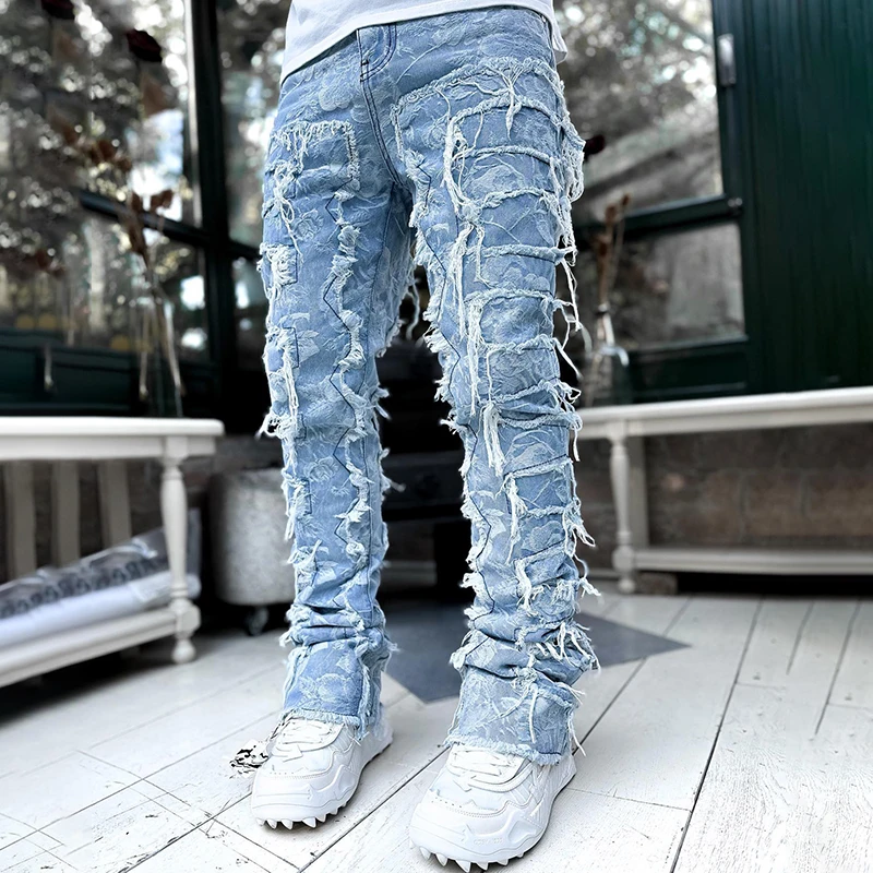 YSJY clothing manufacturers custom distressed stone wash vintage cargo joggers flare jeans men