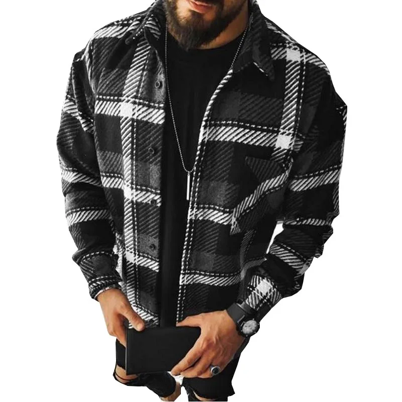 Wholesale Oversized Cardigan Lapel Long-sleeved Pocket Men Designers Plaid Cotton Flannel Shirt