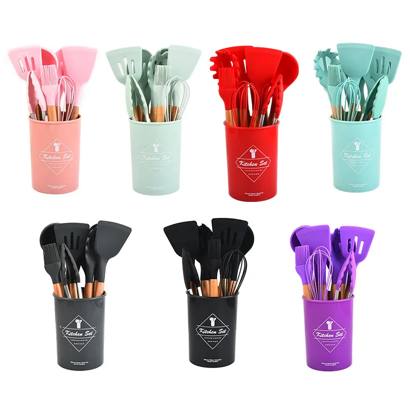 Food Grade 12pcs Kitchen Gadgets Tool for house Silicone Kitchen Utensils Wooden Set Silicon Kitchen Tools Set
