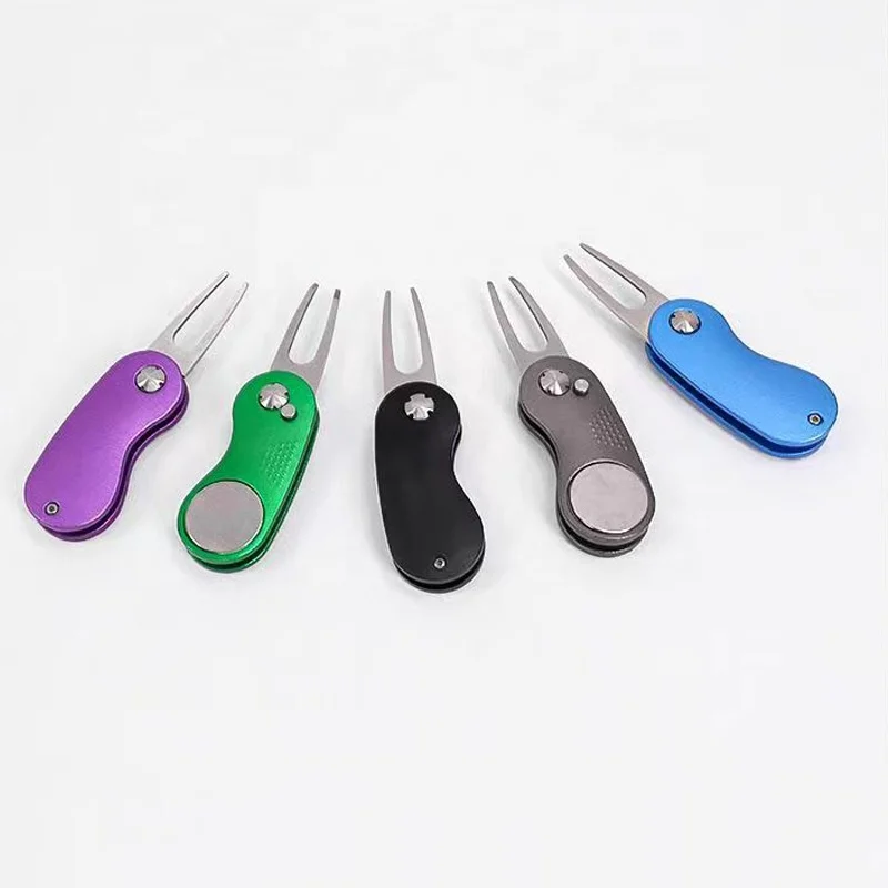 Switchblade Golf Divot Tool Blank Metal Ball Marker Golf Green Pitch Fork Golf Divot Repair Tool with Magnetic Ball Marker