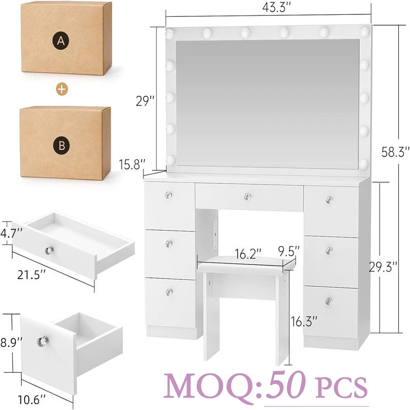 Dressing table with LED illuminated mirror and power socket, makeup vanity set with large drawers,beauty cabinet cosmetic table