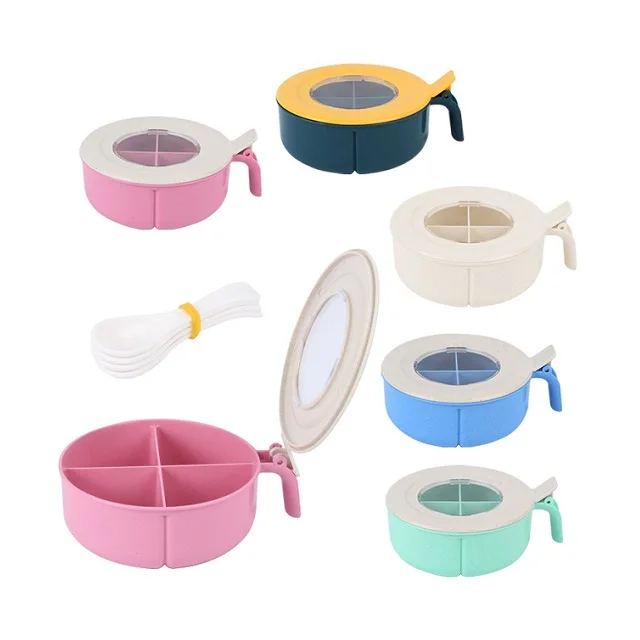 New Design Wheat Straw Seasoning Box Kitchen Seasoning Container Storage Box With 4 Spoons 4 Compartments