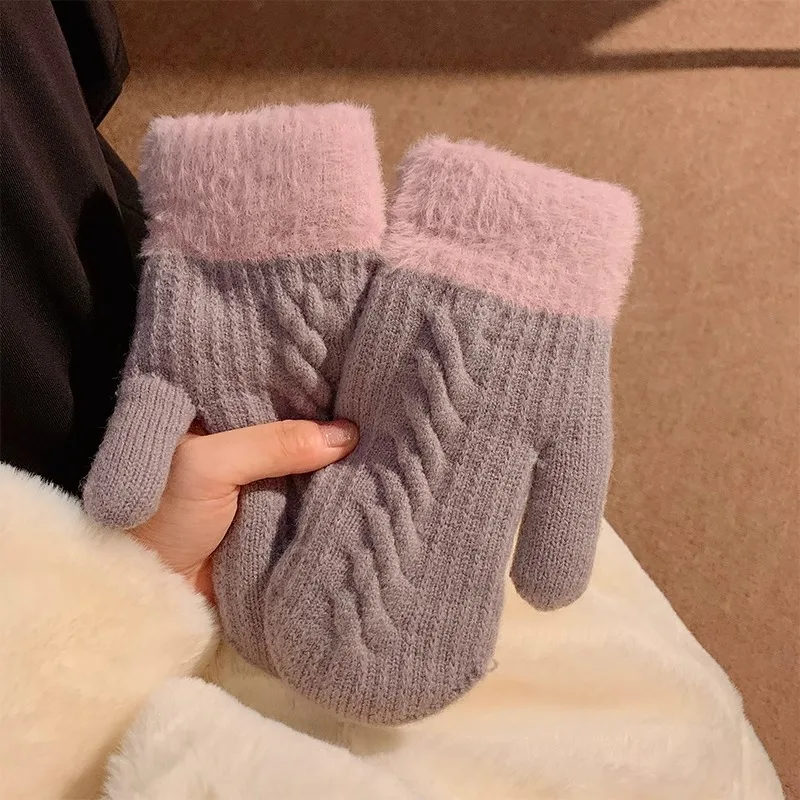 High Quality Ladies Winter Fashion Mitten Double Knit Thick Plush Warm Gloves