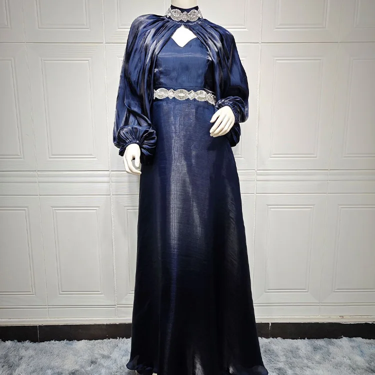 2 Pieces Set Arab Abaya Silk Satin Modest Maxi Long Dresses Women Muslim Party Gown Diamond Muslim Evening Dresses