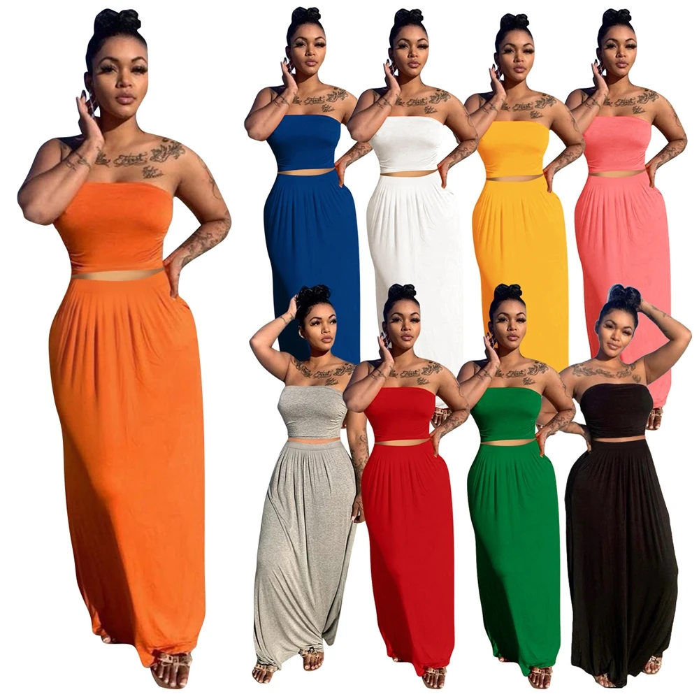 Wholesale Lady Solid Sexy Pleated Skirt Crop Top 2021 Summer Short Women Two Piece Clothing Skirt Sets Outfit For Women
