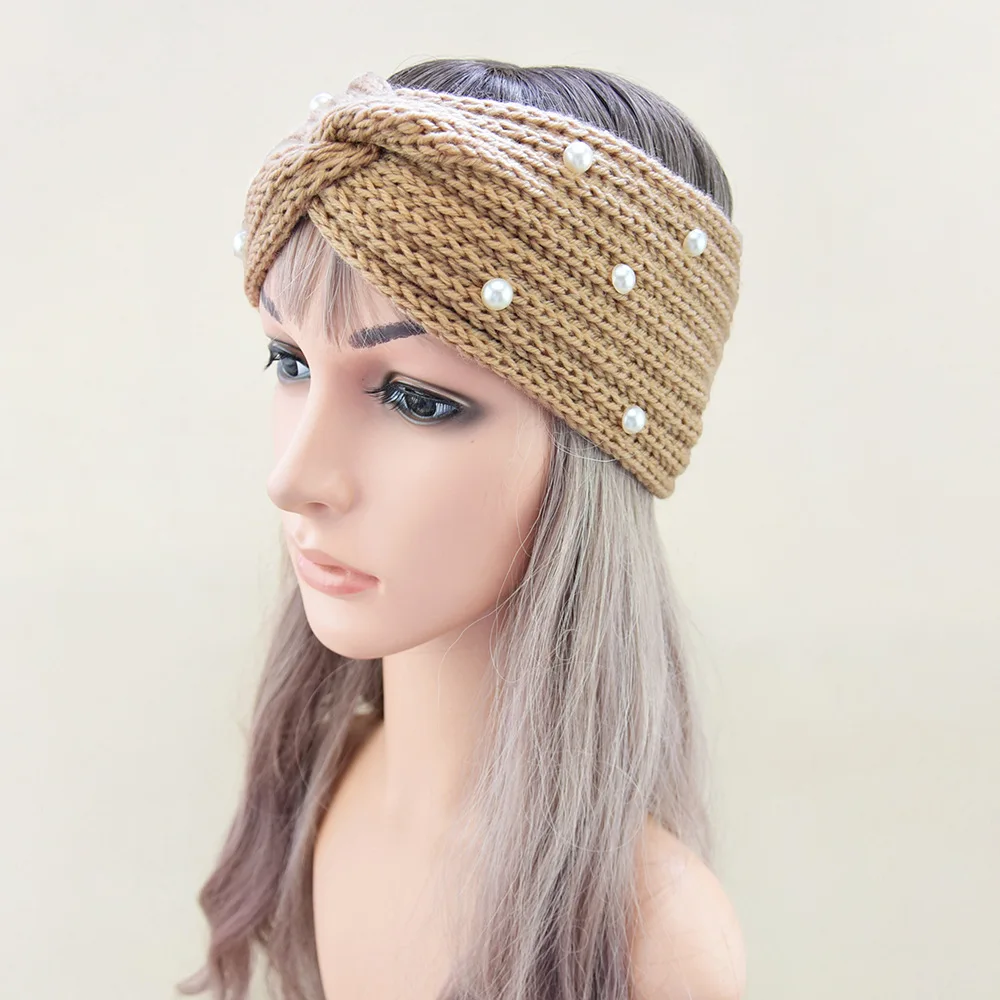 Qianjin Autumn And Winter Double-Layer Knitted Hair Accessories Woven Headband Warm Wool Hair Band Knitted Pearl Cross Hair Band