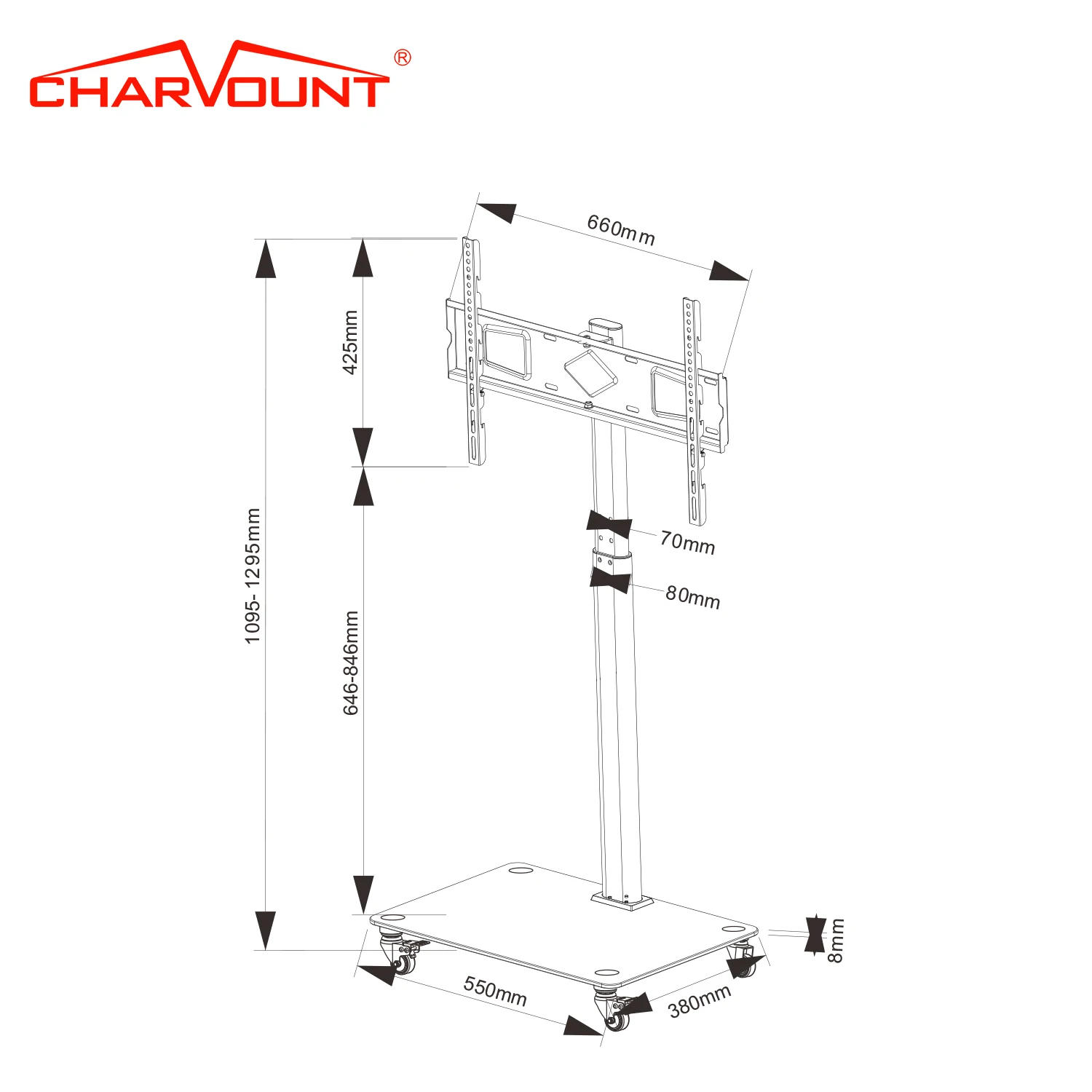Flat Panel Rolling Tv Stand Universal Tv Mount Height Adjustable Max VESA 600*400mm