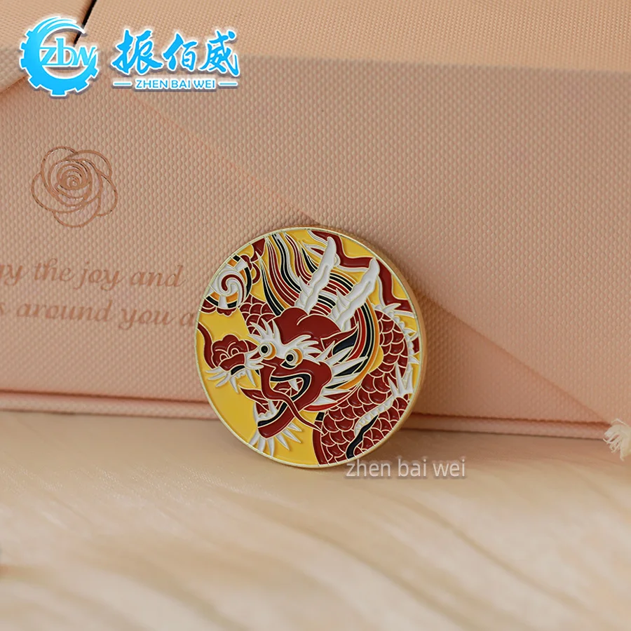 Cheap custom metal soft enamel strong magnet badge, metal gold plated round cartoon dragon year limited soft enamel badge