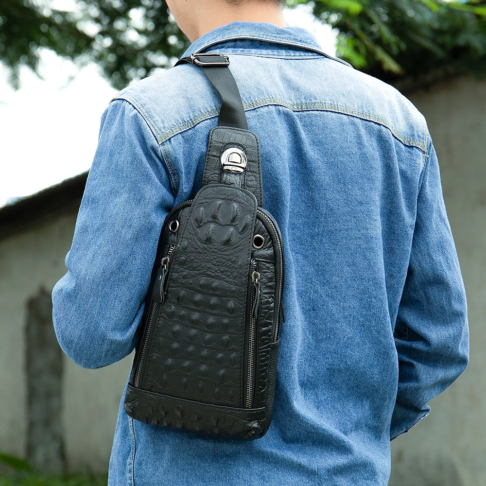 MARRANT Men Vintage Crocodile Pattern Single Shoulder Bag Daypack Crossbody Sling Bag Men Genuine Leather Chest Bag