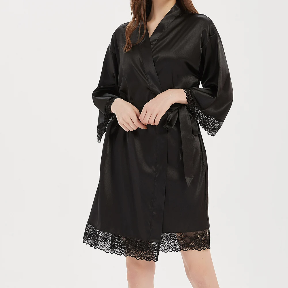 Женский Шелковый Атласный кружевной халат, женский халат-кимоно из полиэстера и спандекса