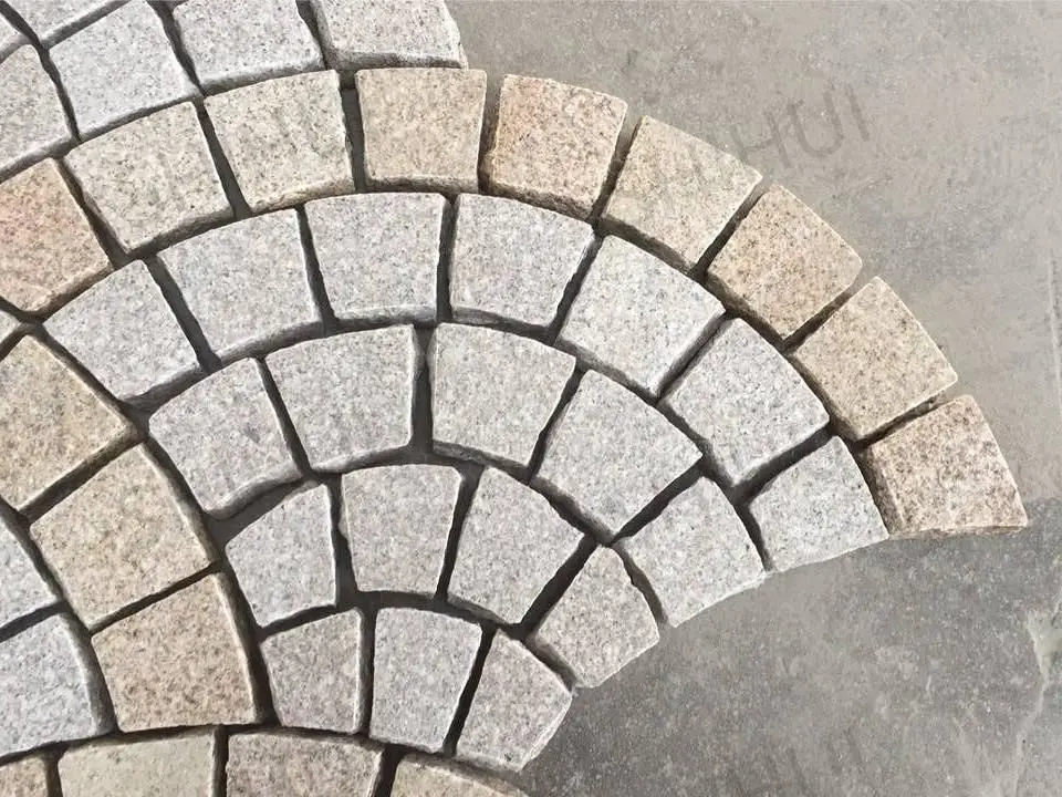 SHIHUI High Quality Natural Stone G681 G682 Granite Fan Pattern Flamed Surface Split Edge Paving Stone Cobblestone On Mesh