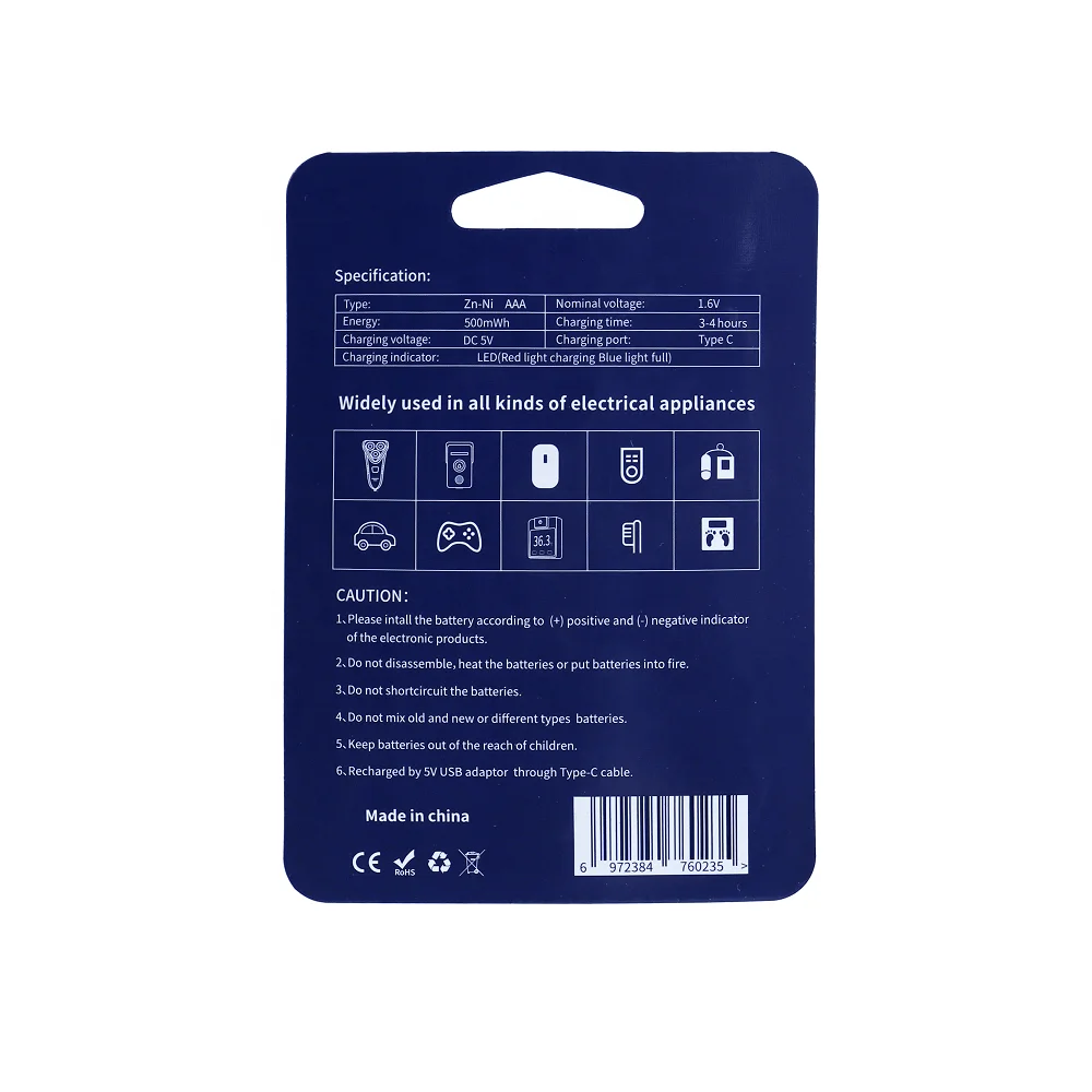 CLDP Nizn aaa rechargeable battery 1.6v usb c triple a batteries with type c charging cable