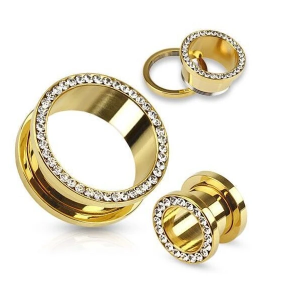 316L surgical stainless steel gold-plated crystal gem ear plugs flesh tunnel earring gauges expanders piercing Jewelry