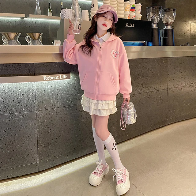 Factory Direct Girls Spring 2024 Pearl Embellished Hoodie Pleated Skirt Set Children Clothes 2 Pieces Set Girls Clothing Sets