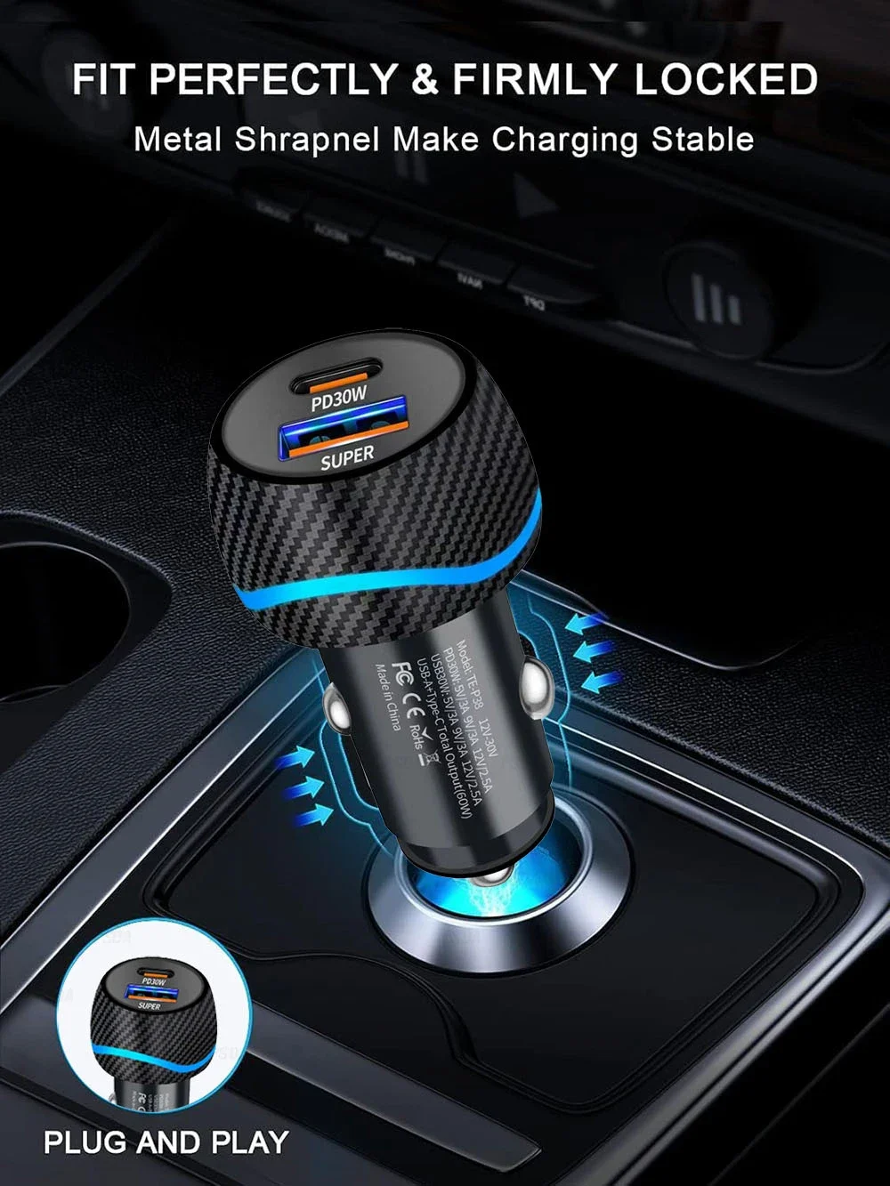 PSDA 60W USB C Car Charger for iPhone 16/15 PD30W&QC30W Cigarette Lighter Phone Charger Adapter USBC Fast Charging for iPhone 16