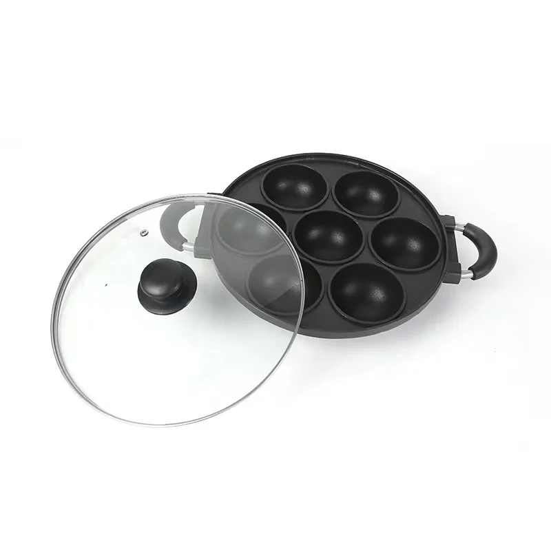Healthy Stone Frying Pan Non-Stick Round 7 holes Metal Aluminum Cookware Die Cast Egg Cake Mock Frying Pan With Glass Lids