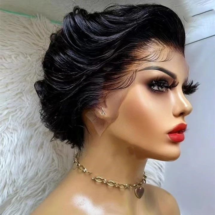 Pre Plucked Fashion Invisible Swiss Lace Cheap Pixie Short Wig 100 Virgin Human Hair Lace Front Wigs for Black Women