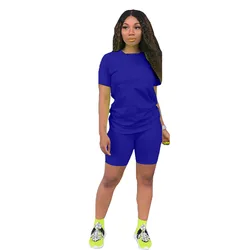 Spring sportswear casual round neck short ensembles two piece sets for ladies breathable solid logo custom 2 piece set women
