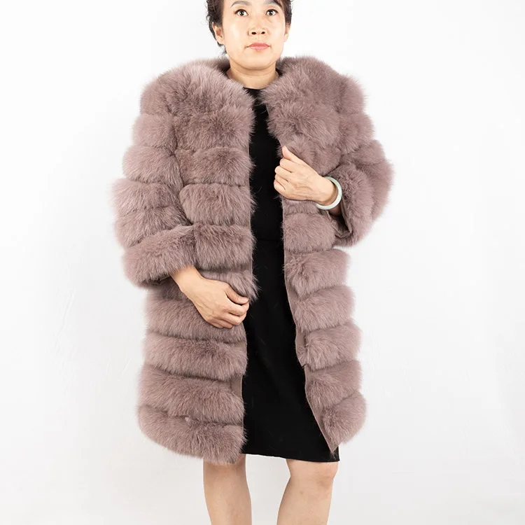 wholesale 90cm long winter brown fox fur coat women fur jacket with detachable hem