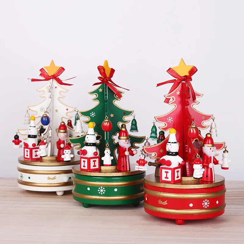 Creative Christmas Tree Wooden Music Box with Rotating & Musical Bell Ornaments Wholesale Window Decorations
