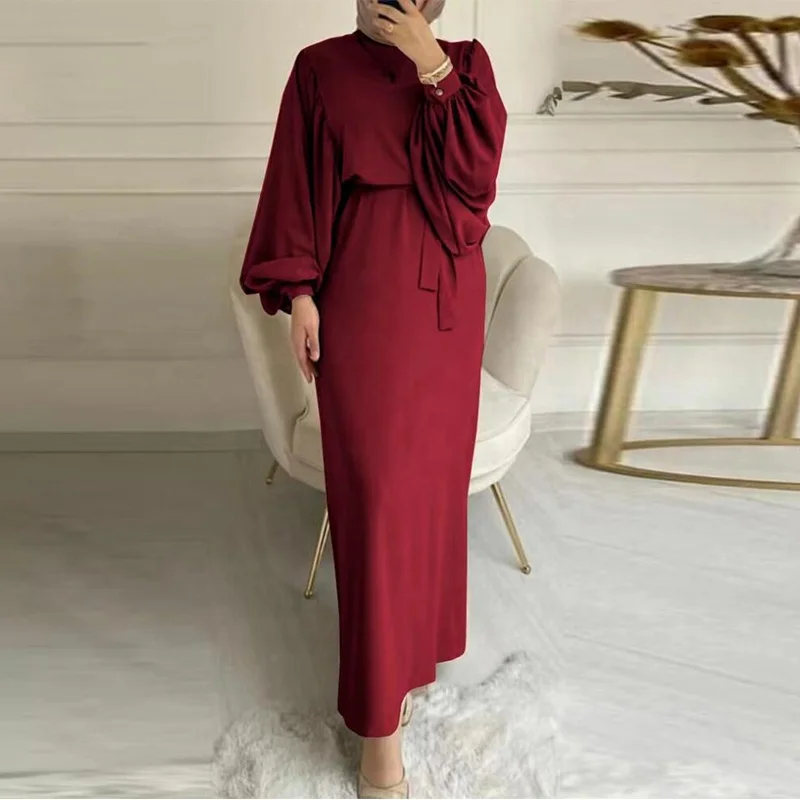 Muslim Modest Dress Chiffon Lantern Sleeve Abaya Dubai Robe Prayer Clothes Sadui Moroccan Long Gown African Dresses