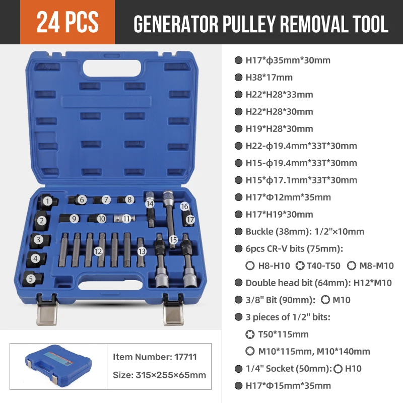 24pc Alternator Generator Pulley Removal Tool Kit Set. Long Hex, Torx, XZN Spline Driver Bits, Adaptors & Nut Sockets. OEM Ready
