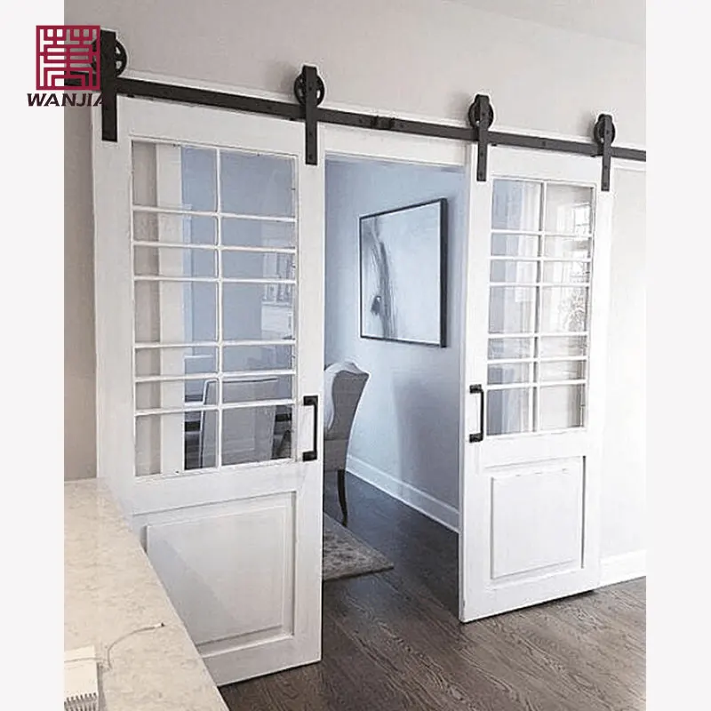 WANJIA Customized Sliding Double Glass Solid Wood Barn Doors OEM ODM Modern Wooden Barn Doors