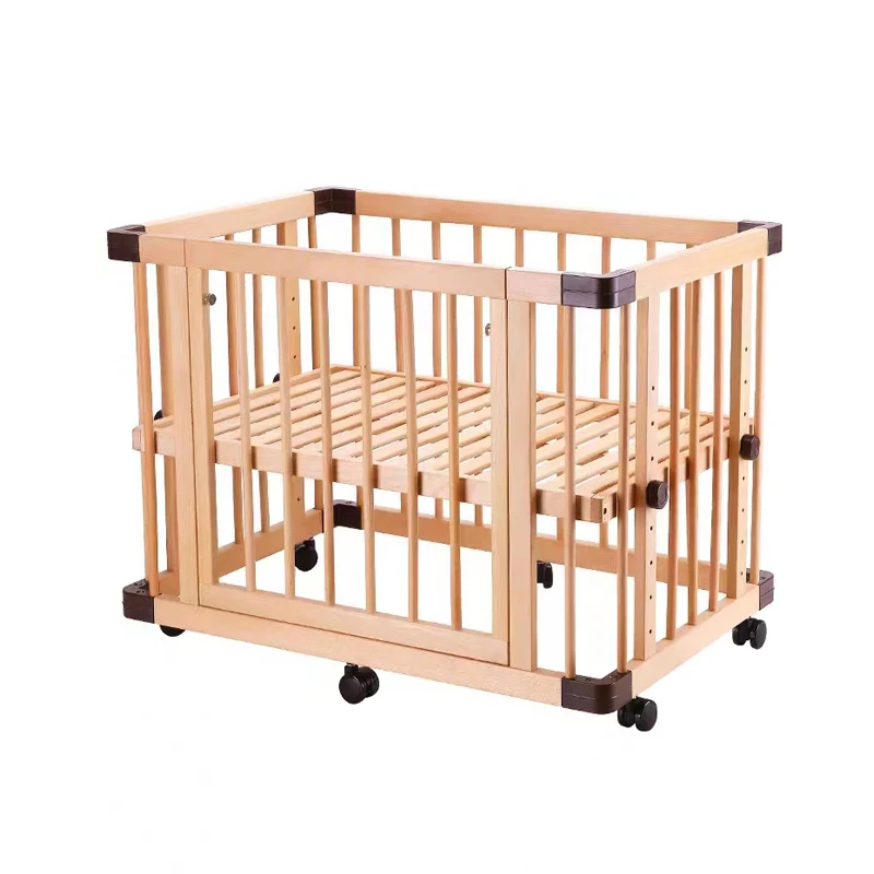 Fast Assembly Solid Wooden Baby Crib Cot Bedside Simple Sleeper Bed with Removable Wheels