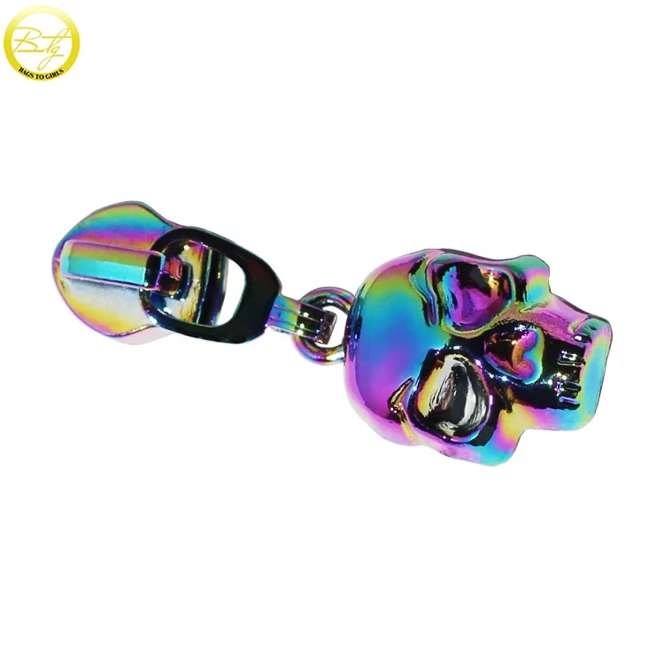 Personalized made skull logo puller slider design rainbow color tote bags metal zipper charms for leather crafts