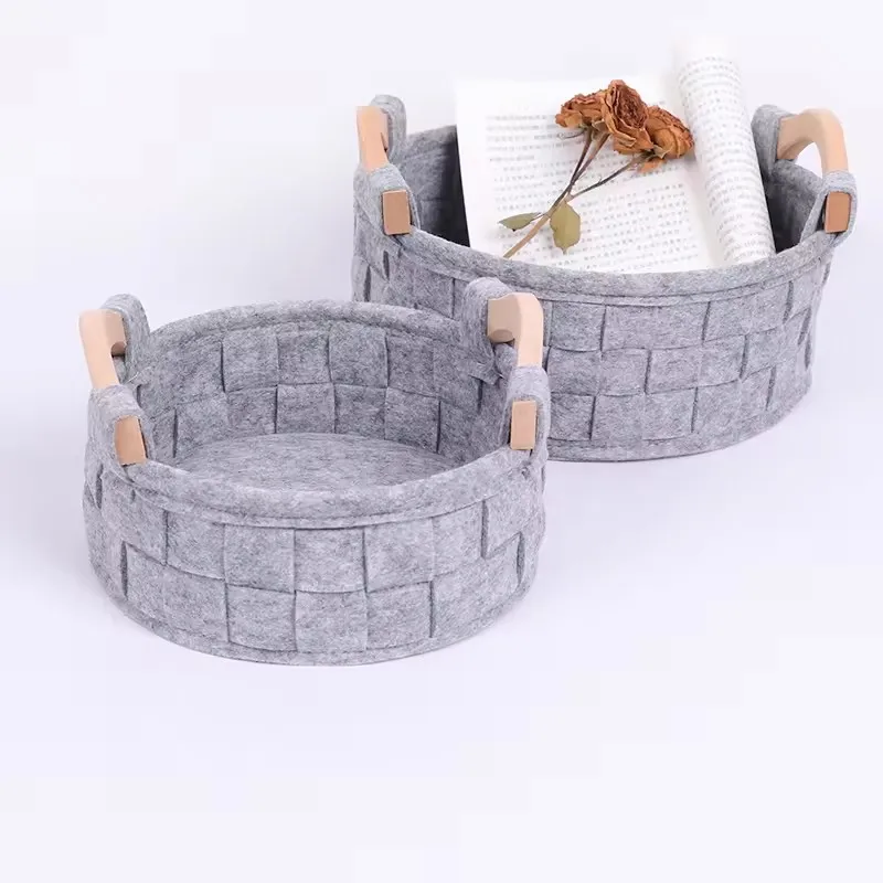 Handmade felt woven basket factory wholesale home office desk storage basket with wood handle