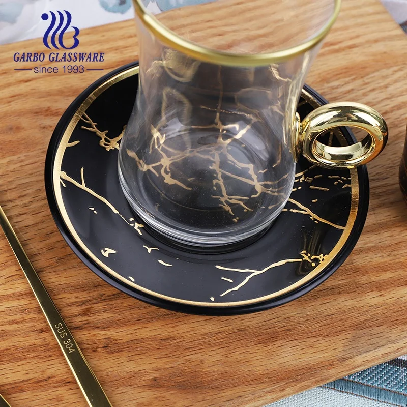 Wholesale Turkish New Design Royal Golden Glass Coffee Tea Cup and Saucer Cawa Glass Set with Golden Decor Gift Set for Hotel