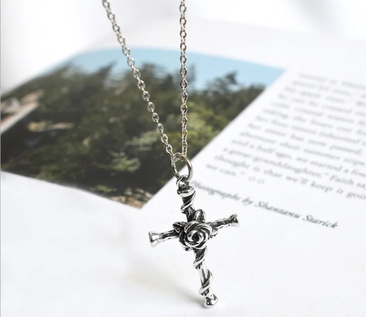 
Vintage Fashion Chain Jewelry 925 Silver Sterling Jesus Cross Rose Flower Pendant Necklace 