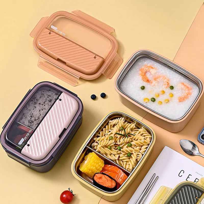 2 Compartment Small 850ml Rice Snack Tiffin 304 Stainless Steel Food Bento Lunch Box Container For Kids Children with Dinnerware