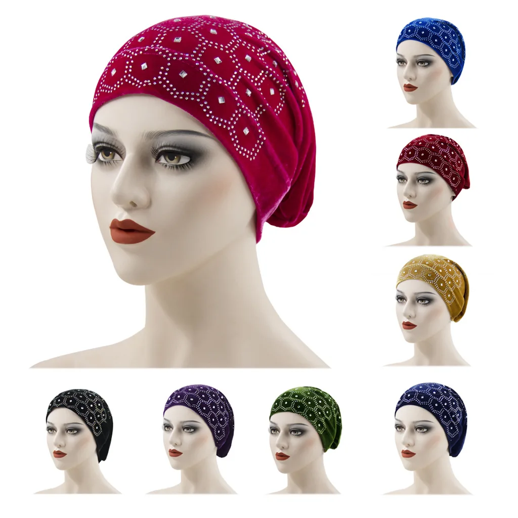 Wholesale 2023 Women Fashion Crystal Muslim Hijab Inner Cap Underscarf Winter Velvet Stretchy Bonnets