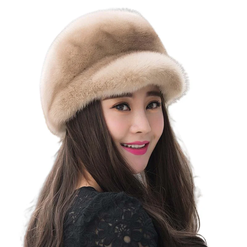1 piece sample factory price brown red black winter warm girl women real mink fur beret hat for lady