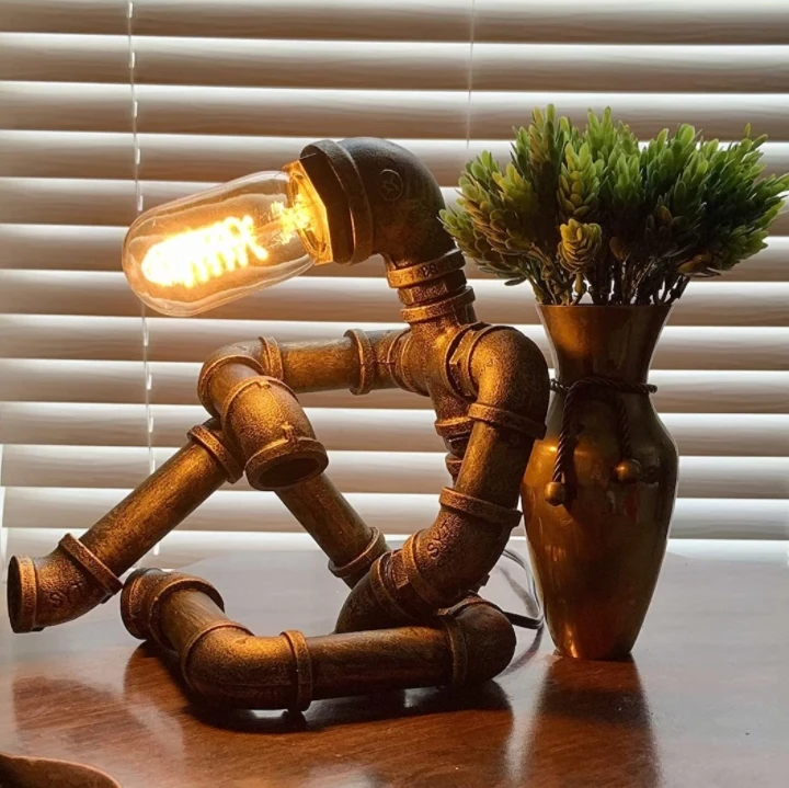 Steampunk Table Lamp, Creative Robot Style Desk Lamp Vintage Industrial Water Pipe Light for Table Nightstand Bar Restaurant