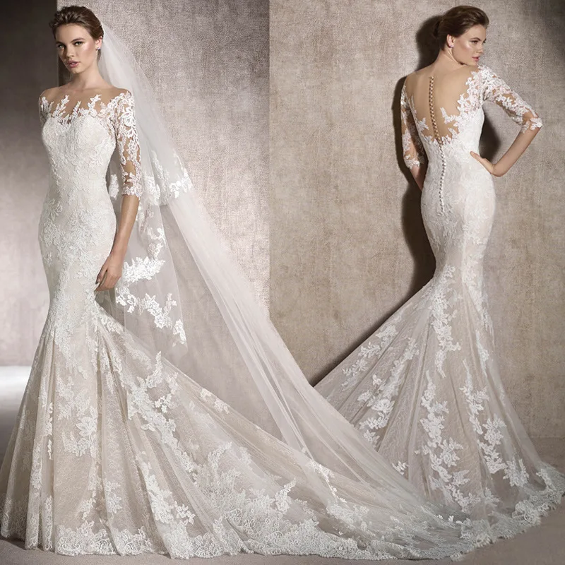 Luxury style bridal French mermaid wedding dress trailing waist thin shoulder lace light long-sleeved dress