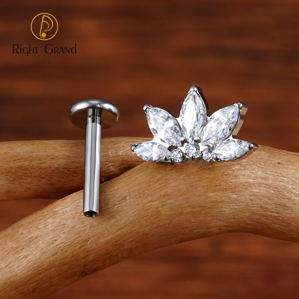 Right Grand ASTM F136 Piercing Titanium Marquise  CZ Flower Flat Back Stud Labret Tragus Helix Labret Piercing Earring Piercing